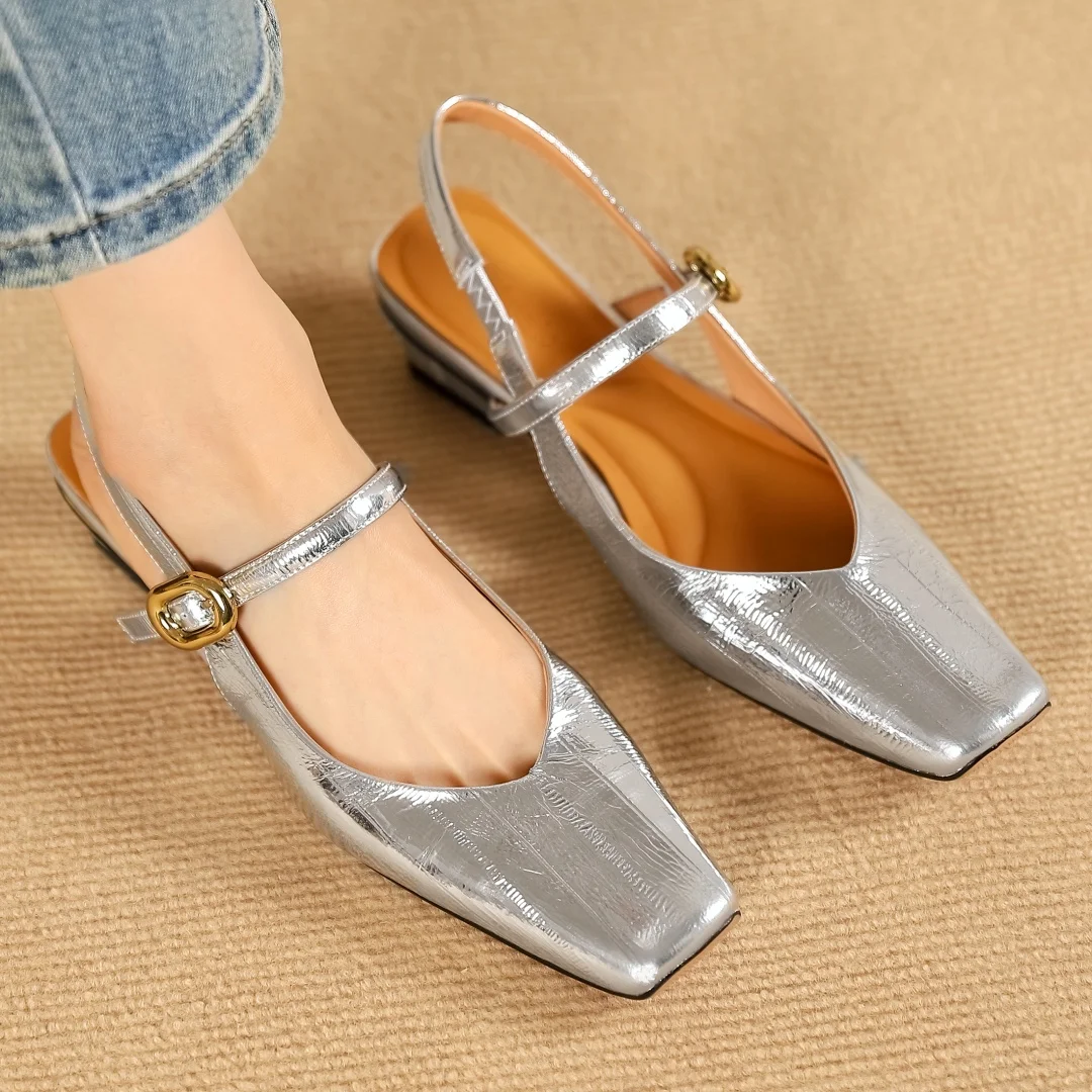 2024 Summer new plus size 34-41 women\'s sheepskin slingback ankle strap flats sandals square toe elegant ladies slim shoes woman