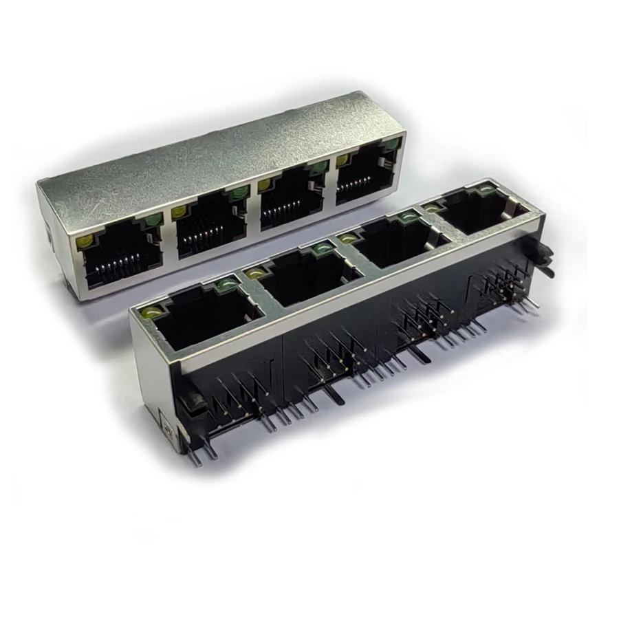 10PCS/Lot RJ45  8P8C 4 Ports Steel Shield Network Female Jack/Socket Connector  1*4P 90 Degree with LED
