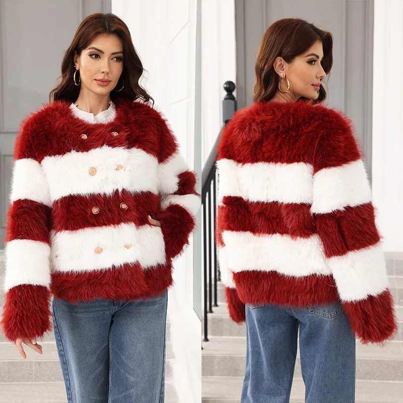 Women's Red and White Black and White Two-color Splicing  Imitation Fur Coat Fur Coat Winter New Elegant Temperament Yangqi