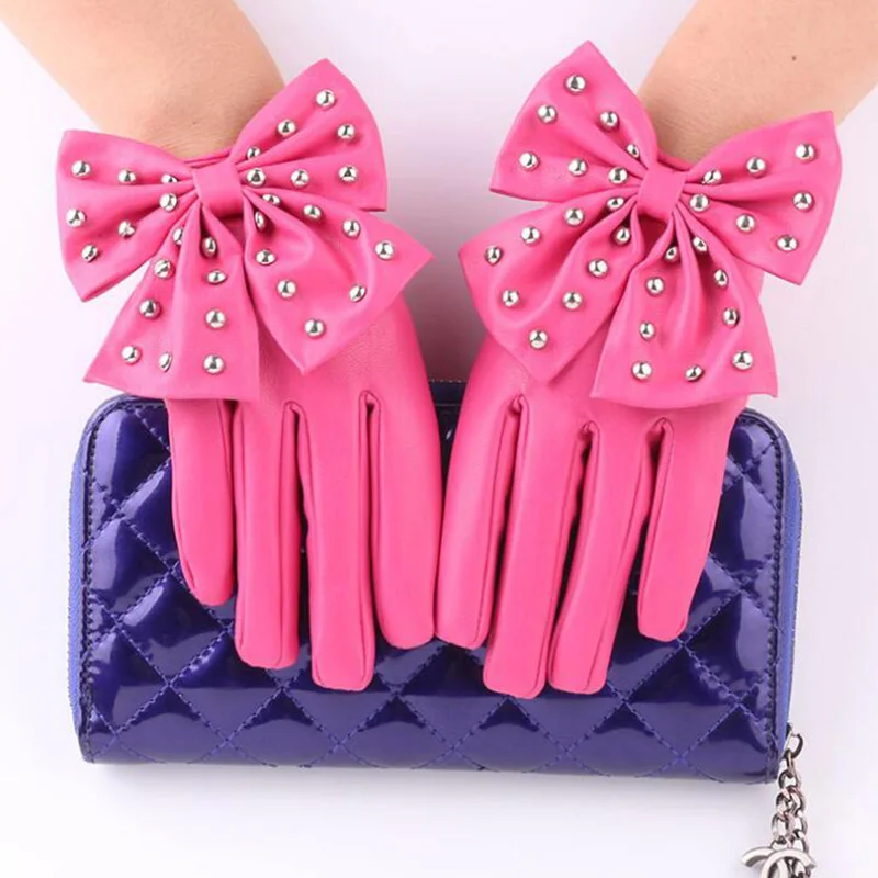Fashion Female Full Finger Punk Rivet Dance Gloves Women Sport Fitness PU Leather Bow Mittens Luvas Gloves Guantes S85