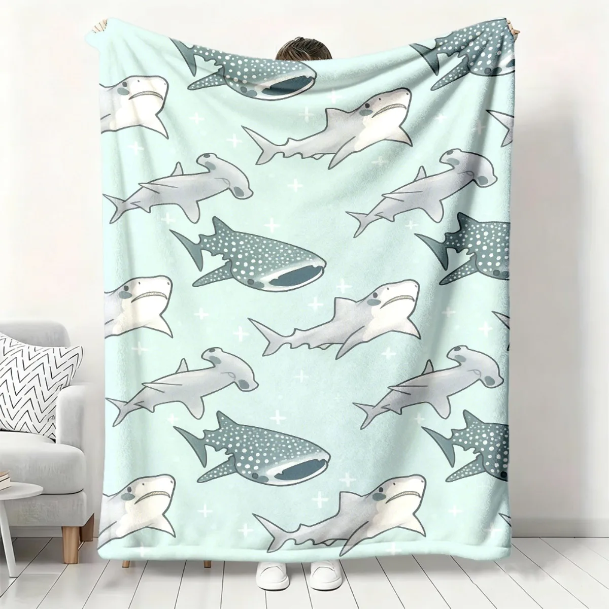 Cartoon Whale Shark Hammerhead Cross Star Mint Green Flannel Throw Blanket Soft Warm Cover Sofa Bedroom Kids Marine Decor Gift