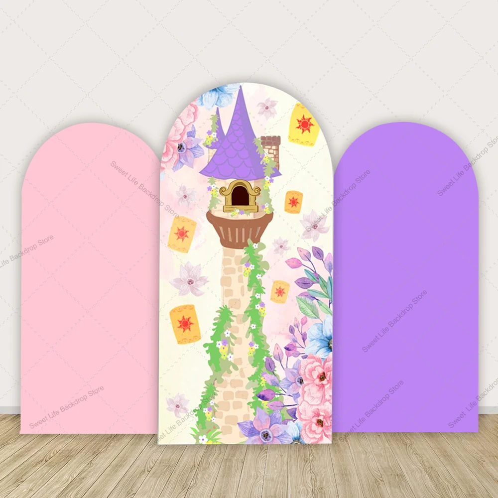Tour château arc toile de fond couverture princesse fille anniversaire décor violet conte de fées fête toile de fond