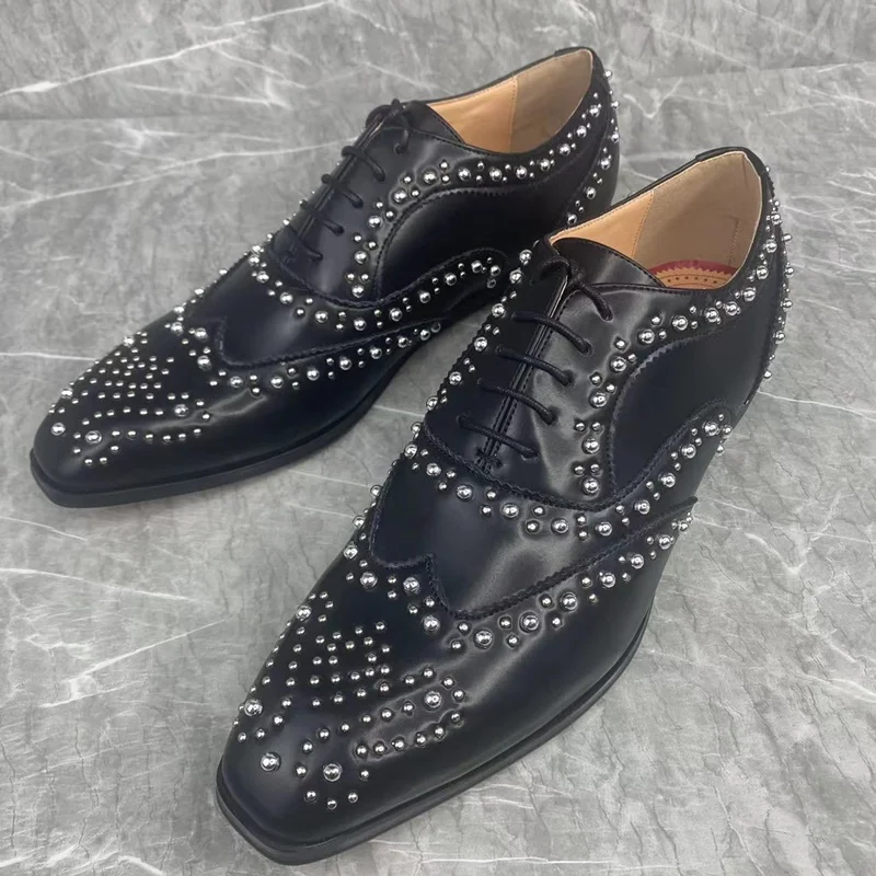 

Black Genuine Leather Shoes For Men Rivet Shoes Fashion Lace-up Mens Dress Shoes Oxfords Formal Party And Wedding Shoes