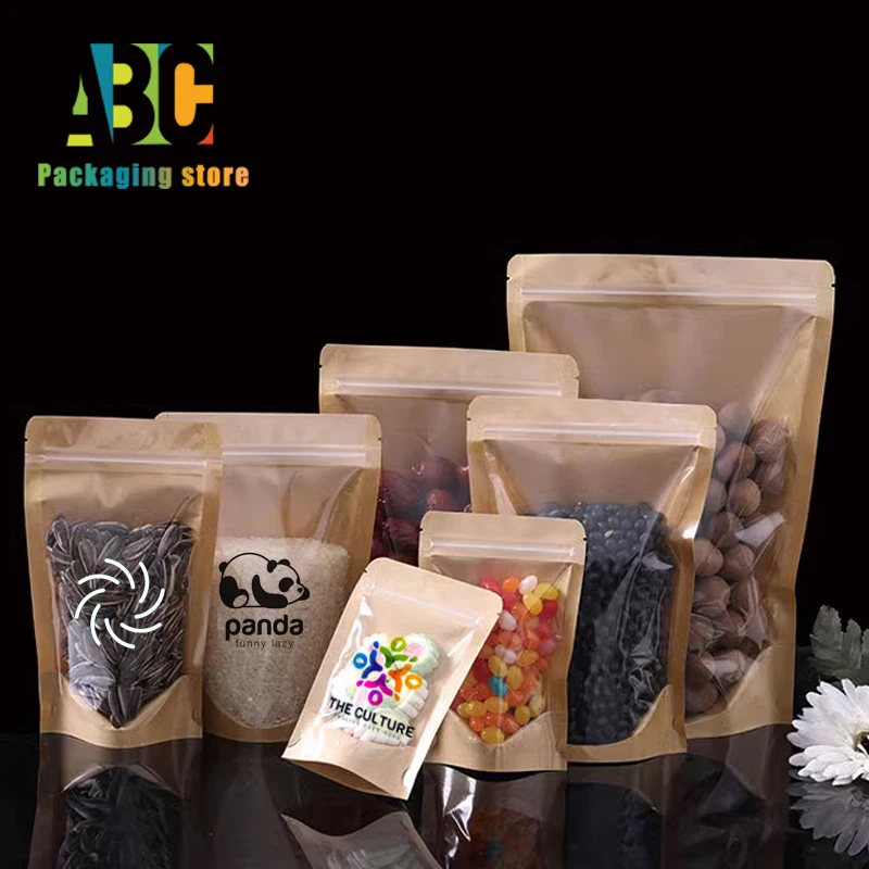 Customized Printing Kraft Paper Stand Up Zipper Bag One Side Transparent Window,Chocolate Snack,Coffee Bean Packaging Gift Pouch