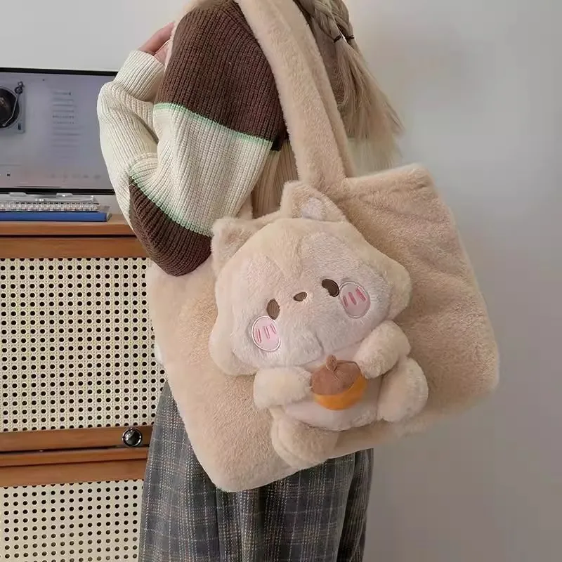 

JIAERDI Adorable 3D Squirrel Handbag Women Cartoon Lolita Plush Shoulder Bag Ladies Large Capacity Lightweight Tote Bags Winter