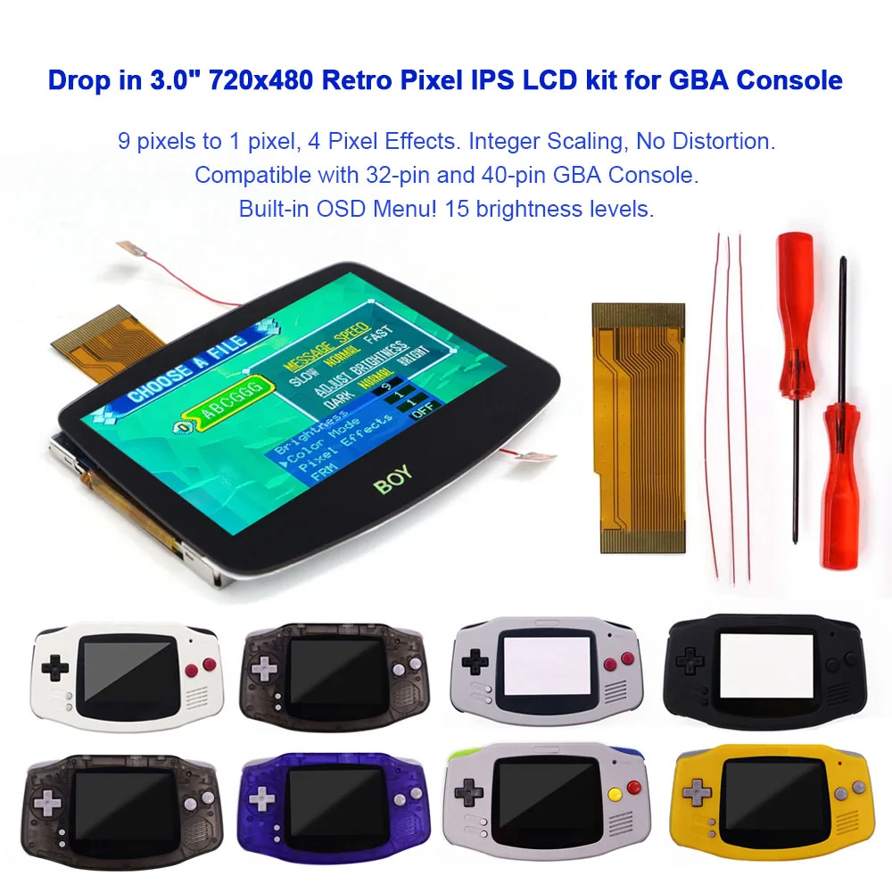 

Easy to Install V5 Drop In GBA IPS Laminated LCD Screen Kits 15 level brightness adjustment For Gameboy Advance Shell