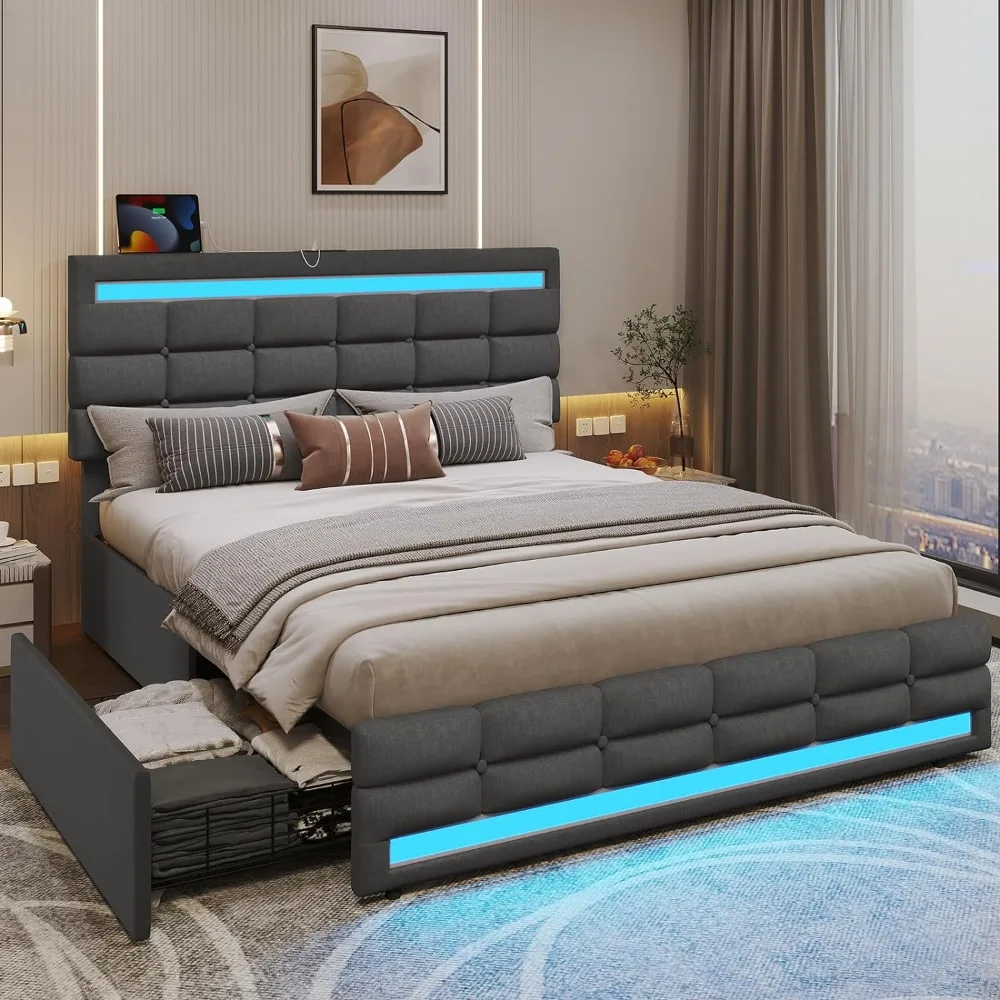 Esteira de cabeceira LED para cama queen size, 4 gavetas e 2 estações de carregamento USB, plataforma estofada