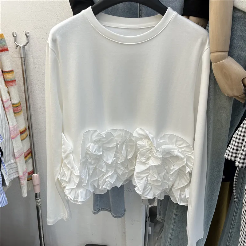Elegant Long Sleeve Ruffle under Shirt Simple Fashion Sweet Match round Neck Overhead Korean Style Elastic T Shirt Top