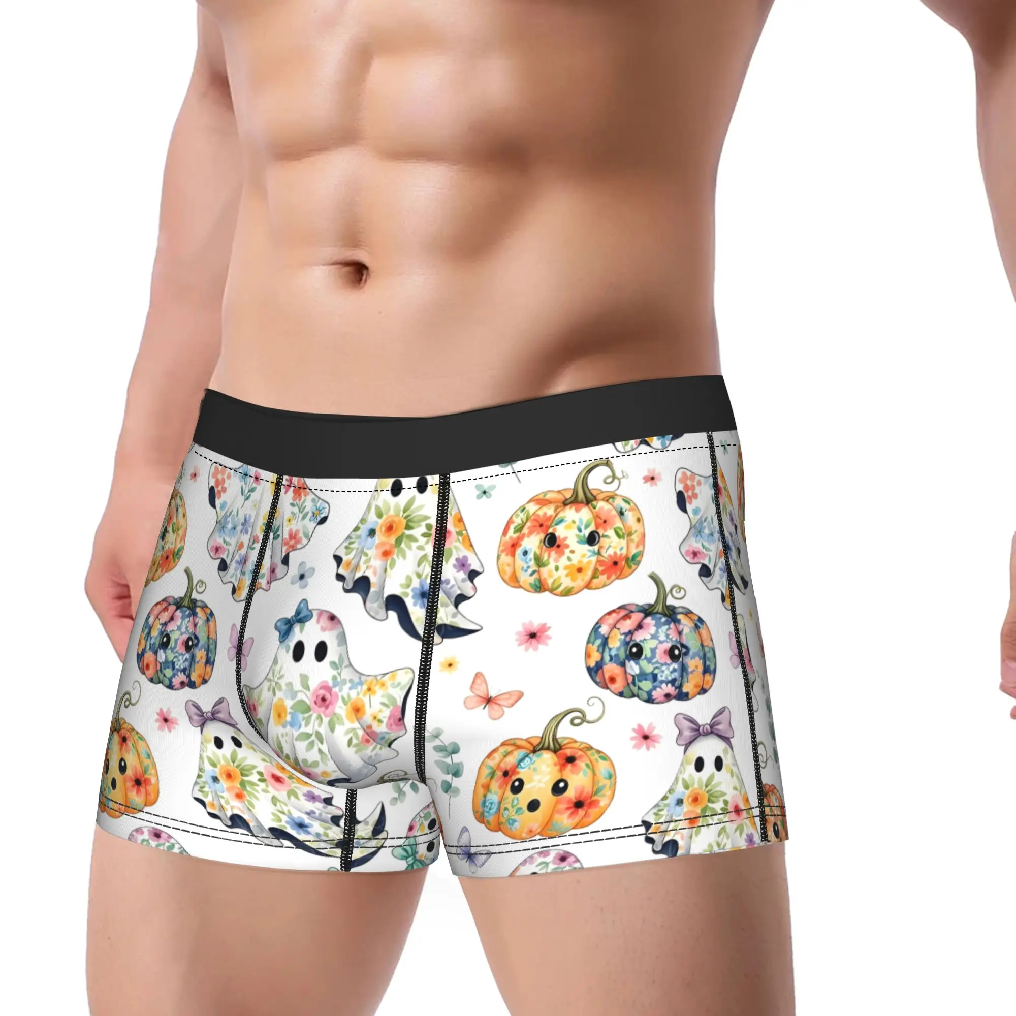 Men's Colorful Floral Ghosts Boxer Briefs Shorts Panties Breathable Underwear Halloween Pumpkin Male Funny S-XXL Underpants