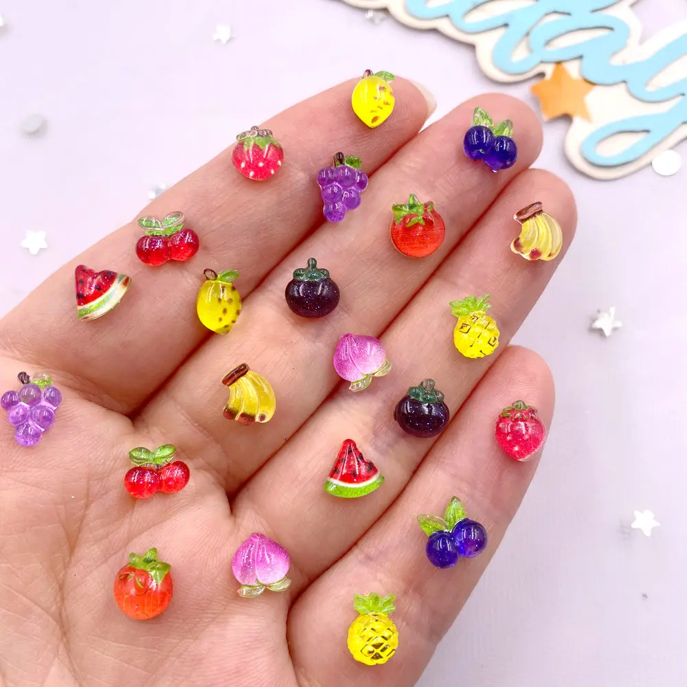 100 Uds. De resina con purpurina colorida, uva, cereza, tomate, frutas, arte de uñas, parte posterior plana, apliques de diamantes de imitación, manualidades de figuritas para álbum de recortes