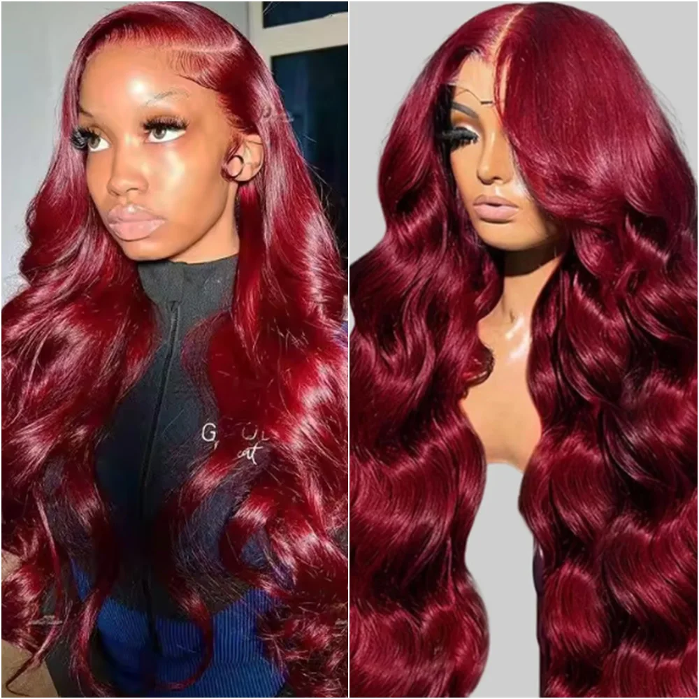 

Парик из 100% натуральных волос цвета 99J бордовый, с эффектом Body Wave, плотность 220, HD-кружево 13x4, фронтальный парик 13x6, 40 дюймов, для женщин