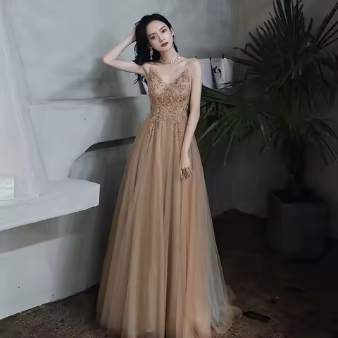 Luxury Halter Champagne Prom Dress For Women 2026 Annual Party Birthday Party Immortal Long Temperament Banquet Evening Dress