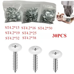 30PCS Wood White Sheet Metal Thread Truss Round Head Fast Self Tapping Scre Pan Cabinet Screws with Paint Wood Self-tapping