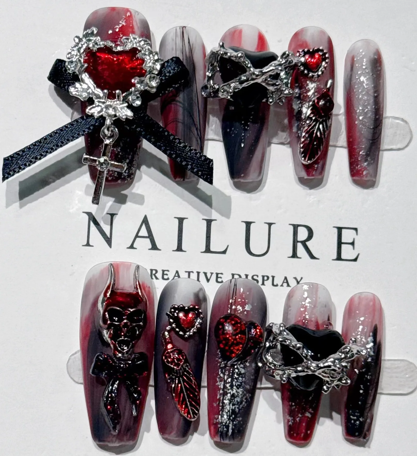 

Handmade Beautiful Y2k Press on Nails Goth Style Black and Red Halloween with Design Full Cover Long Coffin Acrylic Nail Tips