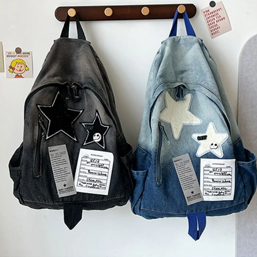 New Original Denim Star Backpack Versatile Travel Bag For High School Students Double Shoulder Bag Vintage Feeling