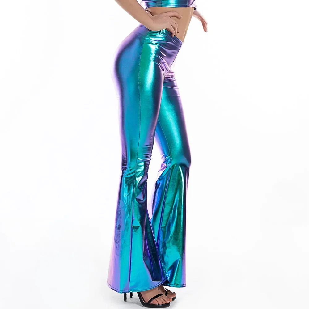 Sexy PU Leather Metallic Pants Shiny Holographic Flare Pants Women Girls Elastic Waist Bell Bottom Trousers