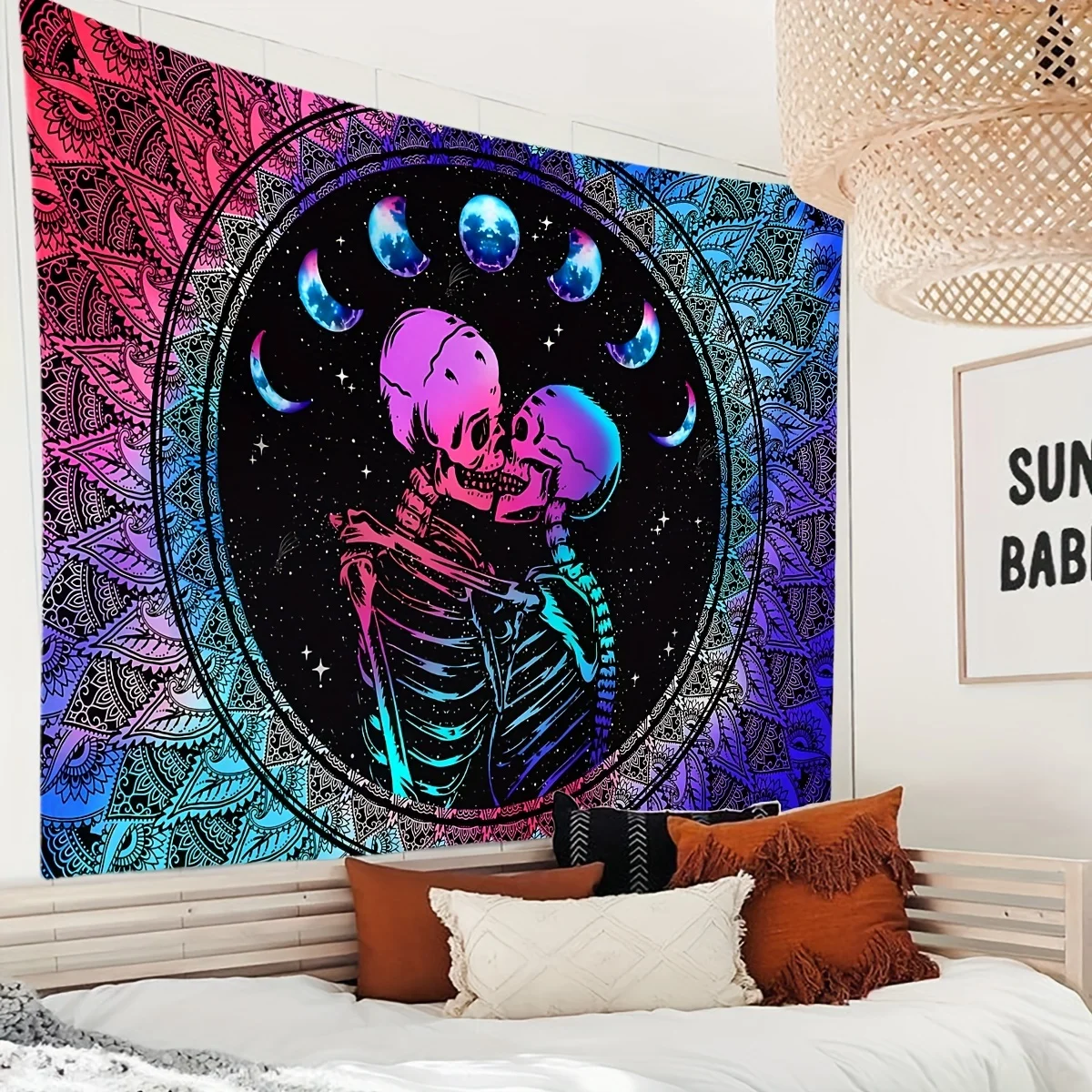 VIKAMA Neon Gradient Skeleton Lover Tapestry, Mandala Pattern Moon Phase Wall Art for Bedroom Living Room Decor