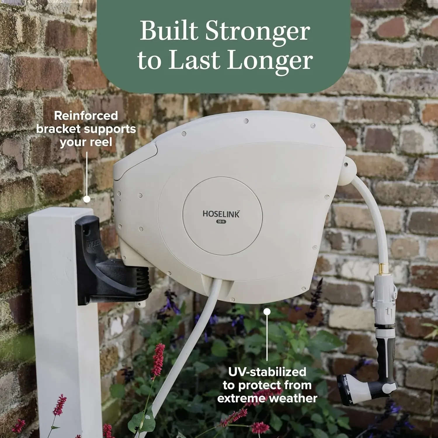 بكرة خرطوم حديقة أوتوماتيكية قابلة للسحب بطول 50 قدمًا باللون البيج، 9/16 بوصة، فوهة رش ذات 8 أنماط