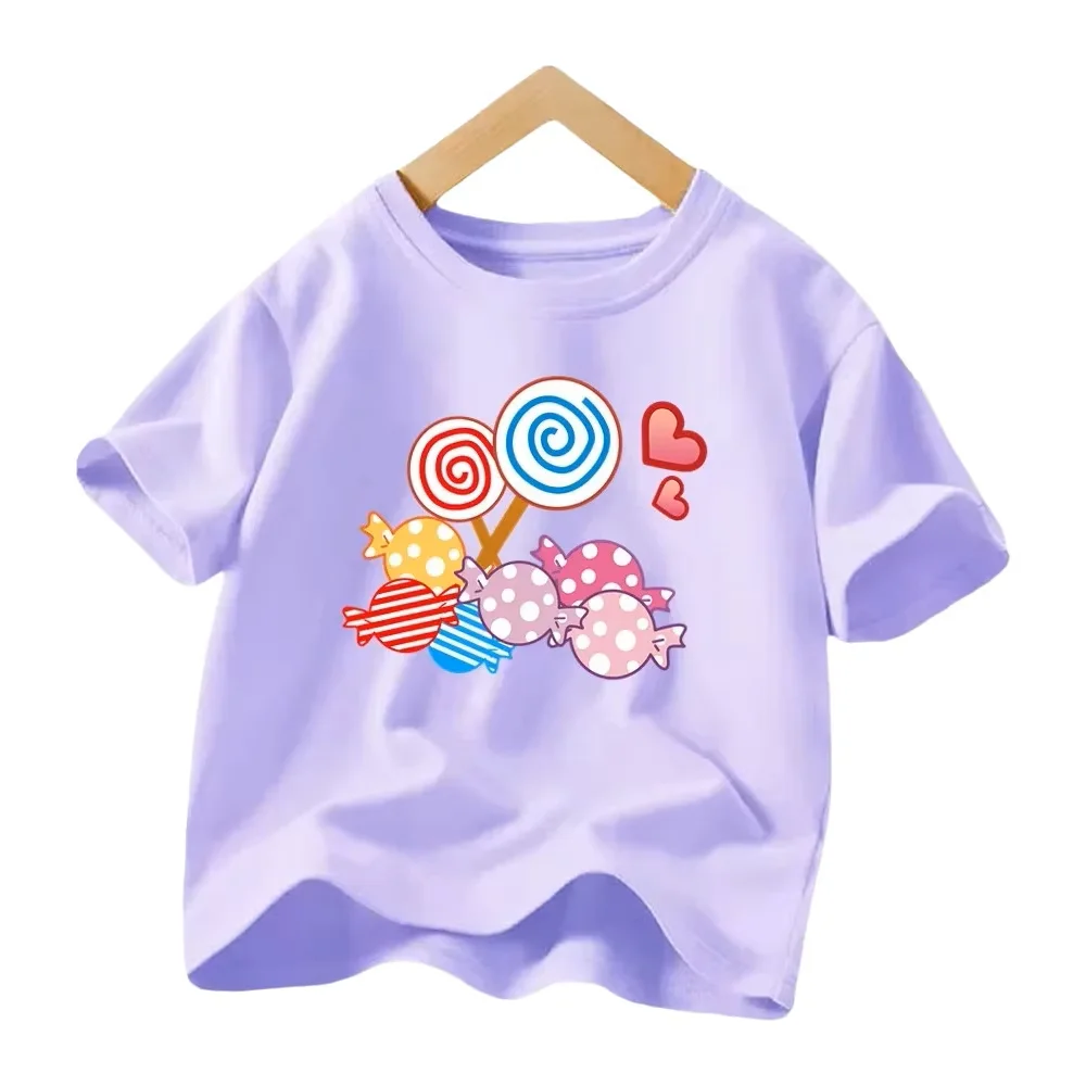 2026 Neues lässiges Kurzarm-T-Shirt für Mädchen, süßes Lutscher- und Bonbonmuster, modisches bedrucktes Kinder-Sommer-T-Shirt BBT1