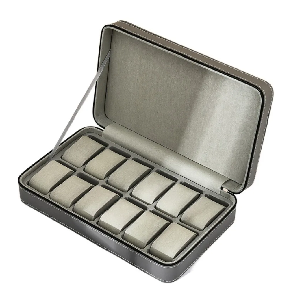 

PU Watch Storage Box 6/10/12 Grids Zipper Watch Display Box Removable Watch Pillows Flocking Cloth Watch Organizer