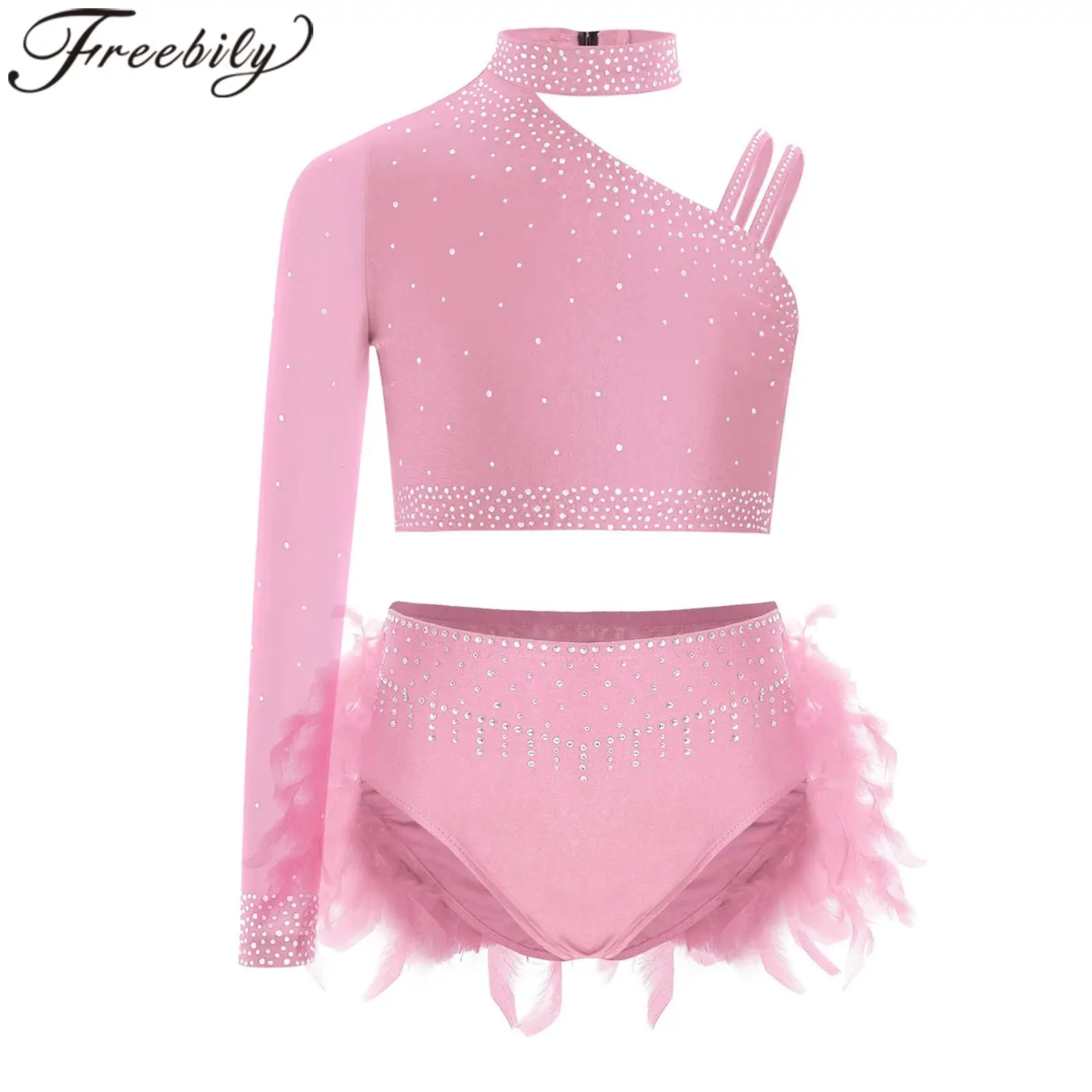

Kids Girls Feather Ballet Dress Modern Dancewear Shiny Dance Crop Top + Briefs Skirt Sparkly 2 Piece Teens Jazz Dance Outfit