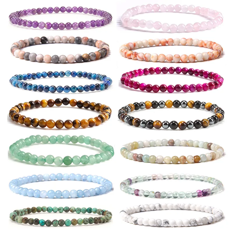 Natural Stone Beads Elastic Bracelets For Women Men 4mm Amethyst Quartzs Agates Black Onyx Beads Bracelet Female Jewelry Bangle