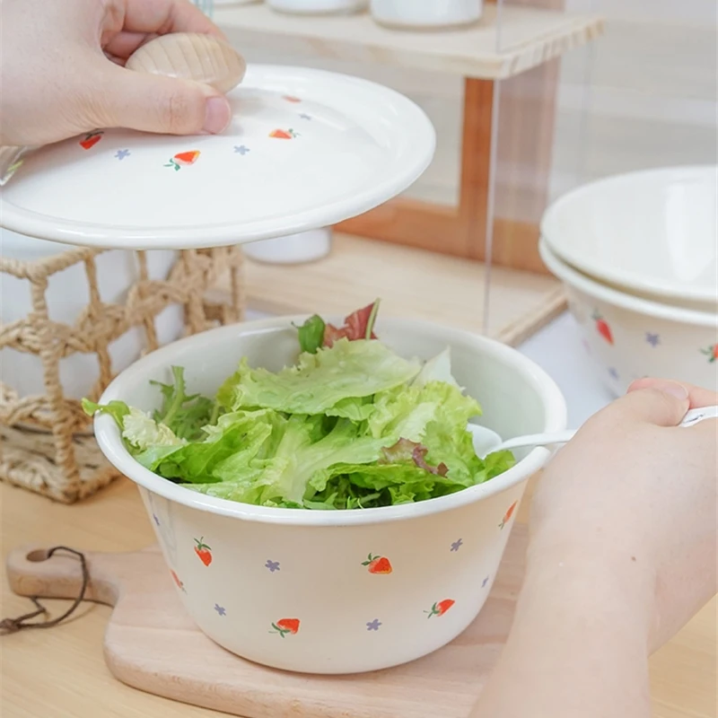 Soup Tureen Home Kitchenware Kitchen Large Capacity Vegetable Pot with Lid Cute Strawberry Printing Cookware Enamel Tableware