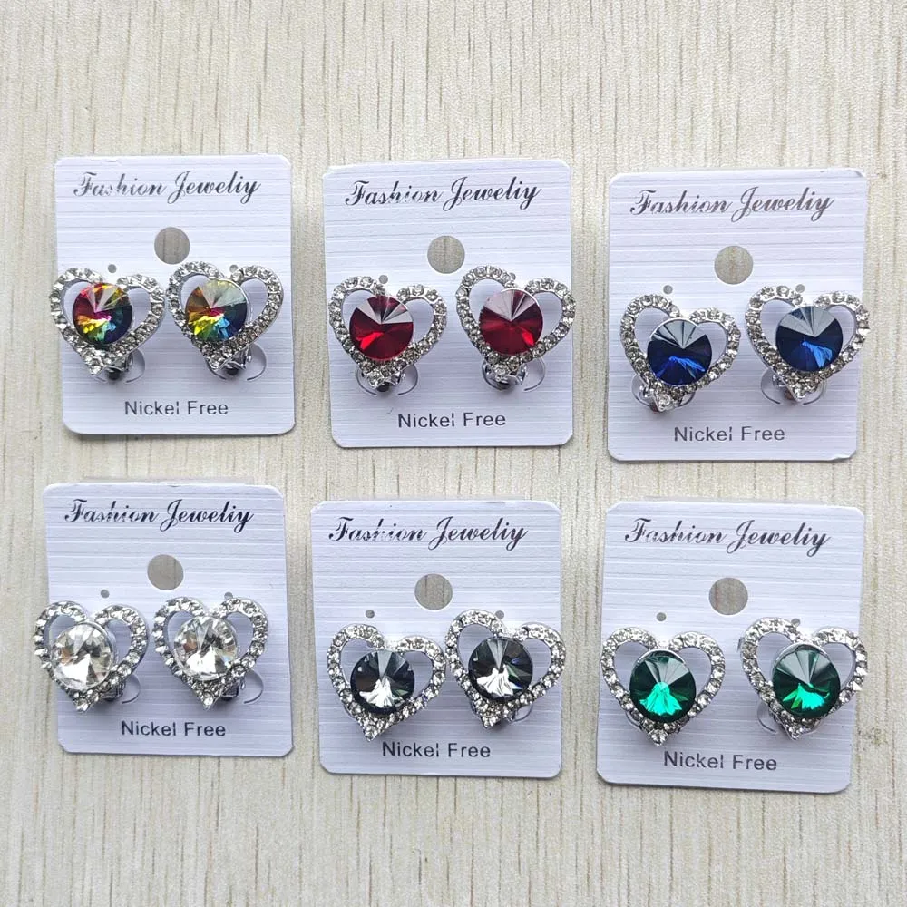

New Mixed Natural crystal and alloy heart shape Ear clip on earrings women girls jewelry wholesale 6 pairs/lot free shipping