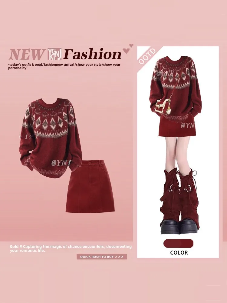 

Вязаный свитер Fair Isle и юбка для женщин: зимняя красная серия, модный комплект больших размеров, стройнящий силуэт, премиум-класс, повседневный стиль