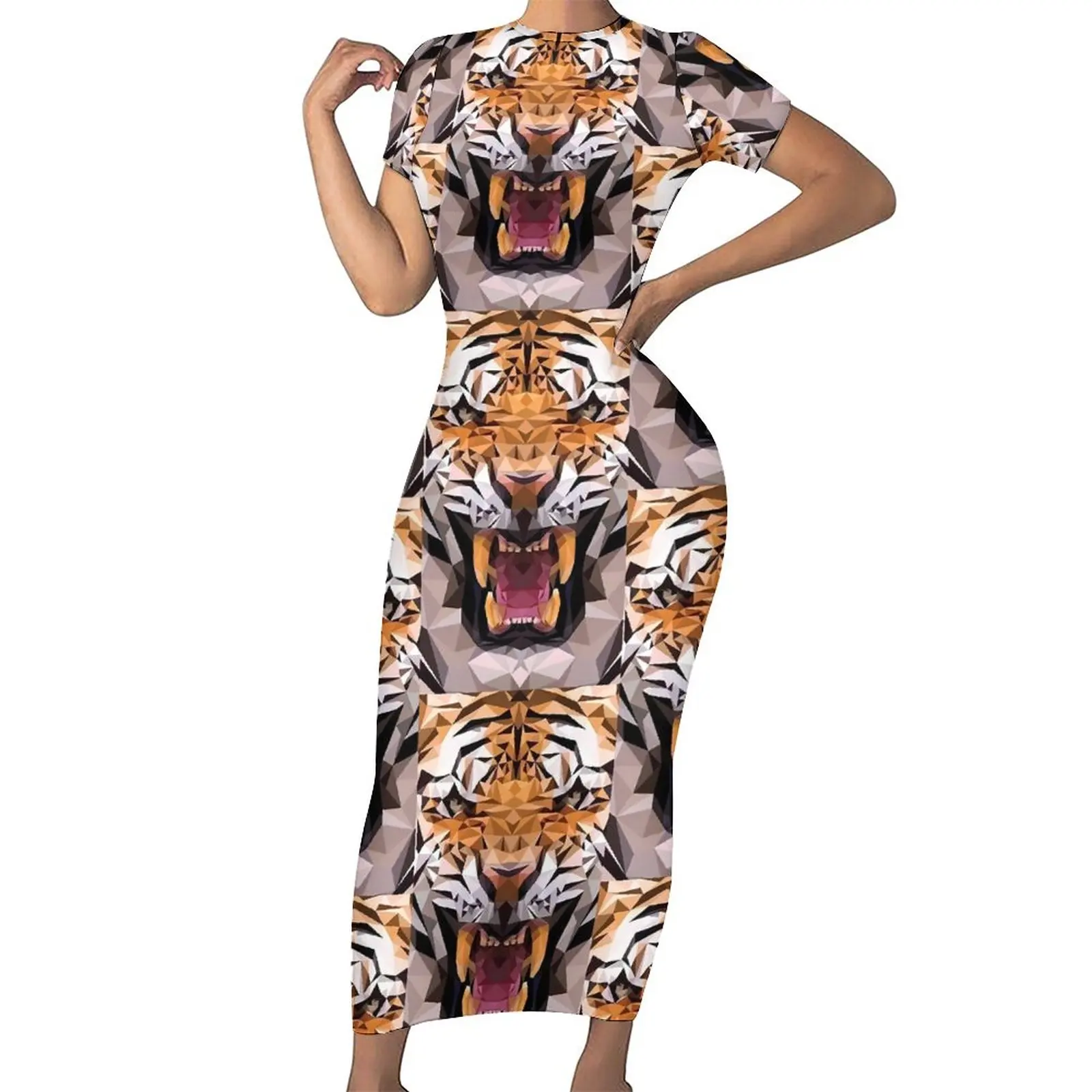 Angry Tiger Dress Animal Print Street Wear Bodycon Dress Spring Short Sleeve Elegant Maxi Dresses Graphic Oversized Vestidos