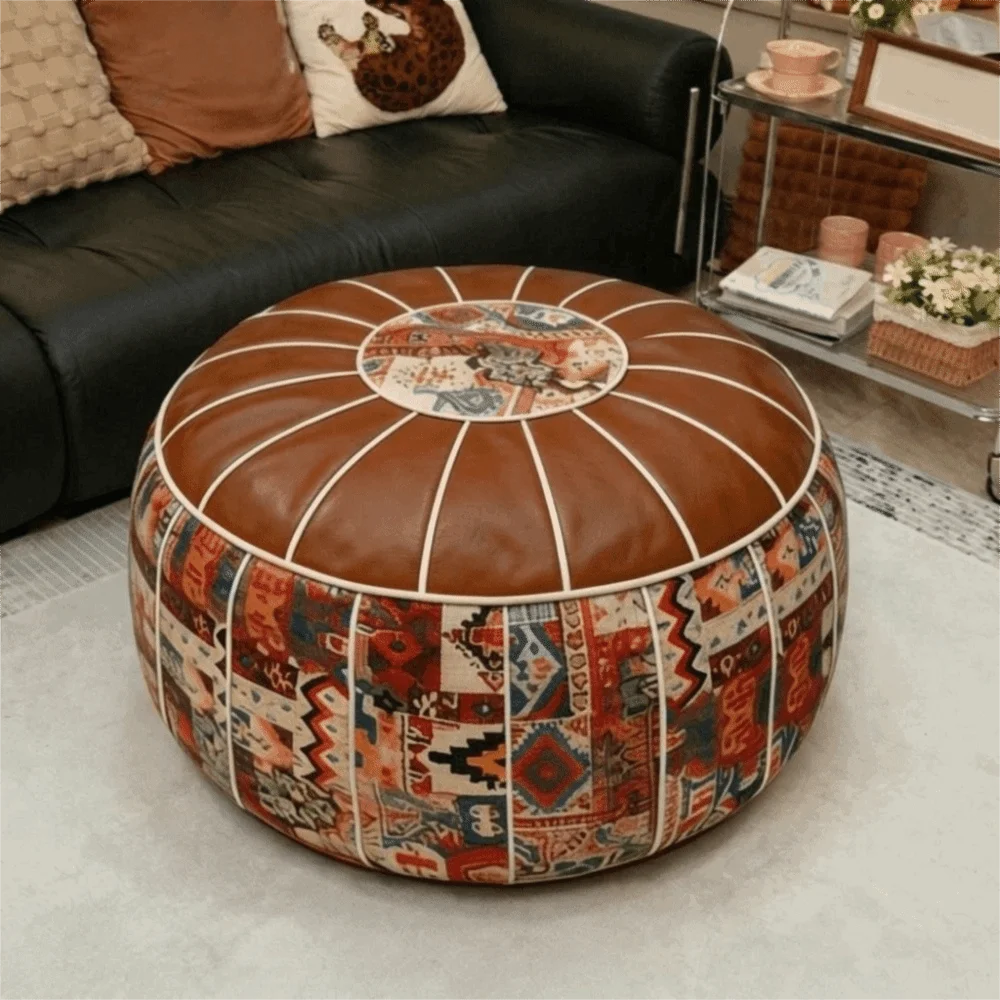 Leather Boho Seat Cushion Cover Unstuffed Large Capacity Pumpkin Pouf Cover Embroider Craft Waterproof Storage Bag