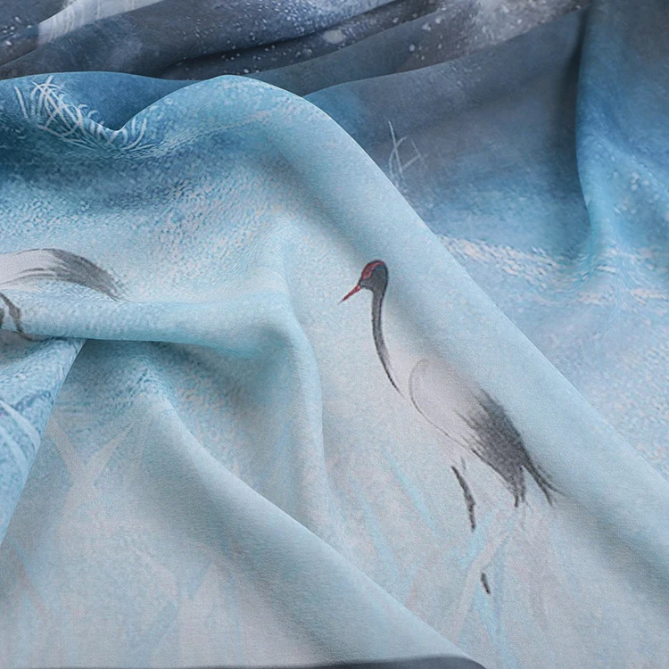 Crane Printed on Gray Blue Silk Fabric,Thin Soft Comfortable Silk Georgette for Summer Dresses Pants Shirt,138*140CM R251