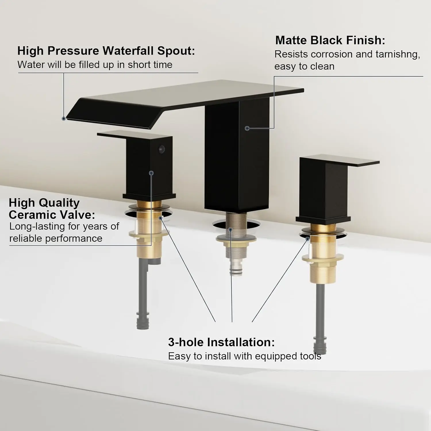Matte Black 2 Handle Deck Mount Tub Faucet Set High Flow | Waterfall Roman Bathtub Faucet Tub Filler, 3 Hole Widespread Garden Bathtub Faucet, Solid Stainless Steel Jacuzzi Tub Faucet