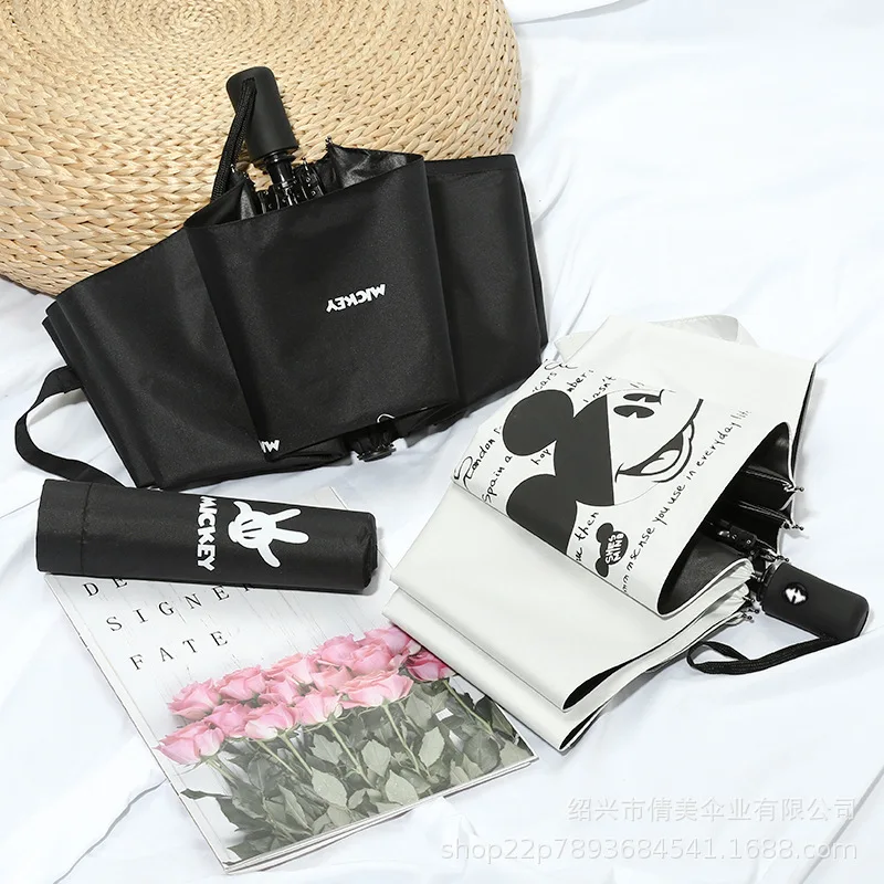 Guarda-chuva de três dobras totalmente automático, Bonito Cartoon Dual Color, Guarda-sol, Cola preta