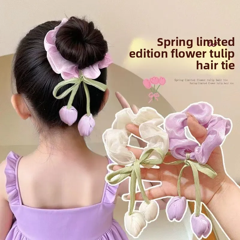 3 pièces printemps édition limitée tulipe bandeaux fée Style Satin Hairstring arc suspendu fleur élastique femme cheveux cravates