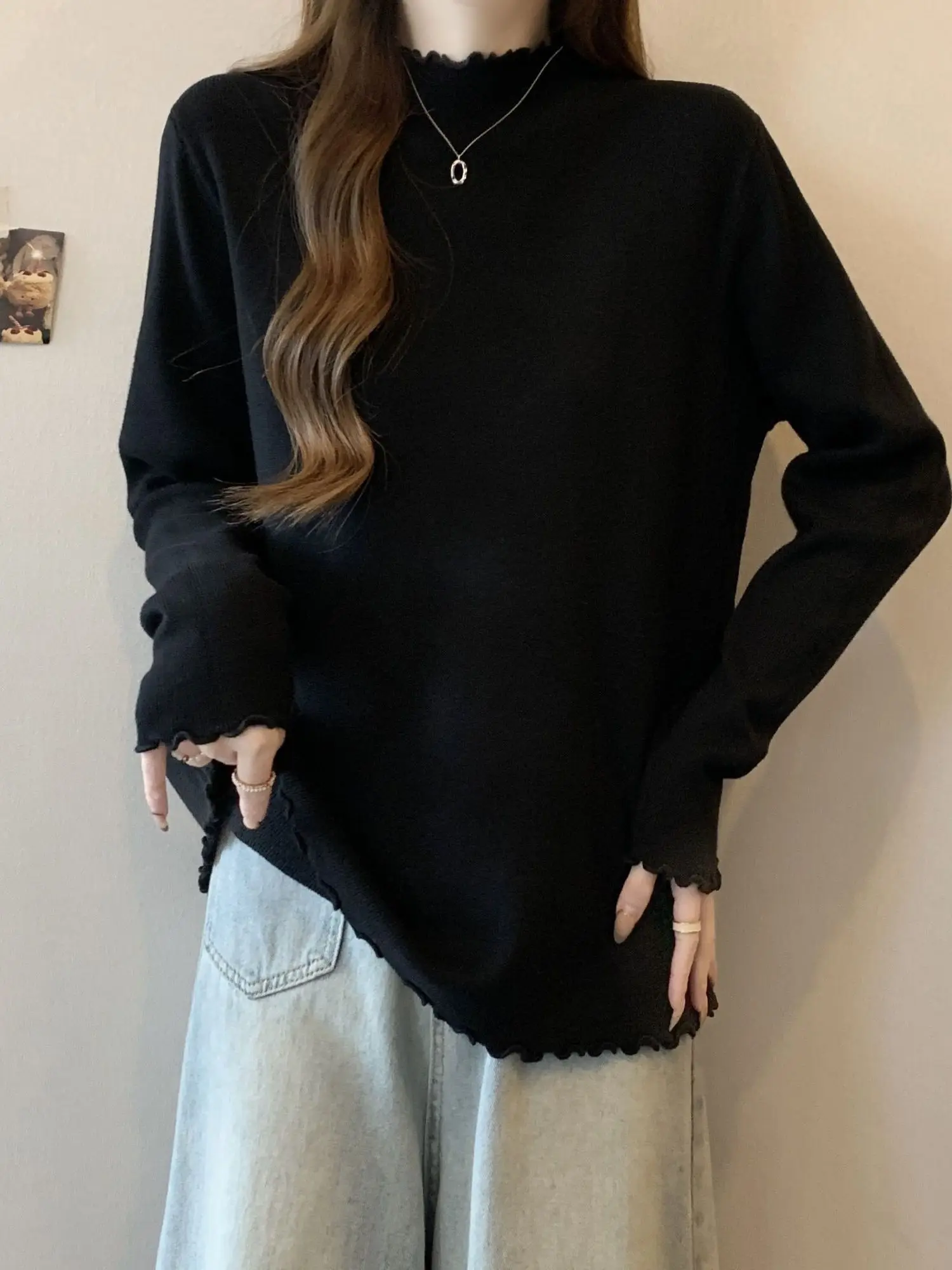 plus Size Women's Long Sleeve High Collar T-Shirt Belly Covering Wood Grain Ruffle Autumn Winter Slimming Base Shirt