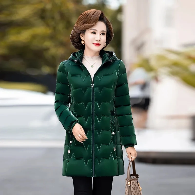 Winter Glossy Snow Jacket Women\'s Down Cotton Slim Hooded Coat Mother Warm Long Overcoat Fashion Female Thicken Parkas Jackets