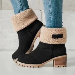 Moda jesienno-zimowa New Casual Comfortable Plus Velvet Warm Square Heel Round Toe Solid Color Women's Ankle Boots