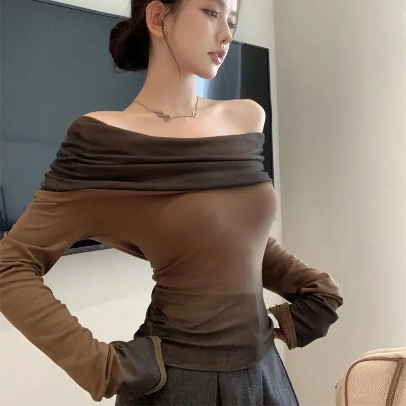 slash Neck 2024 gradient smudged long-sleeved T-shirt American hot girl off-shoulder top bottoming shirt