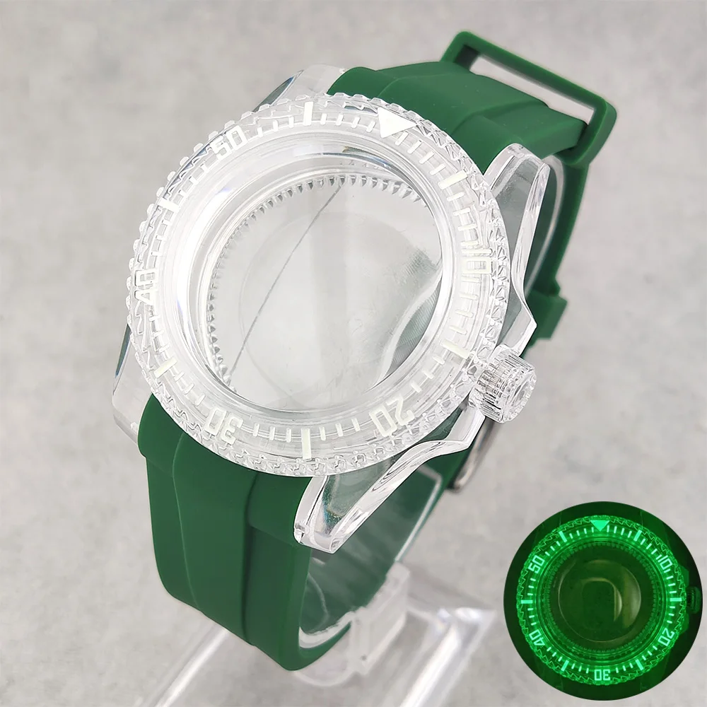 

40mm Case NH35 Case Transparent Acrylic Waterproof Case Green Luminous Case Rubber Strap Watch Accessories Fits NH35/36 Movement
