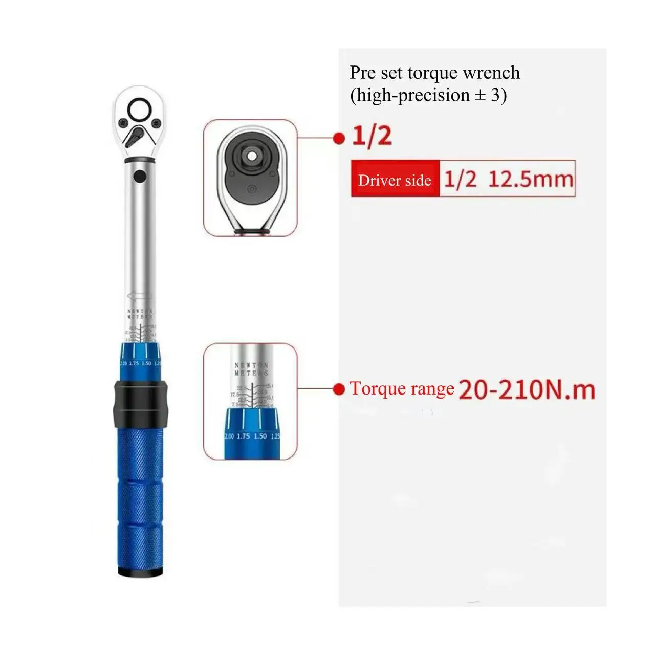 1/4 "3/8" 1/2 "Drive Verstelbare Momentsleutel 5-210Nm Vooraf ingestelde Bougie Tool met Draaibare Kop voor Auto Fiets Reparatie