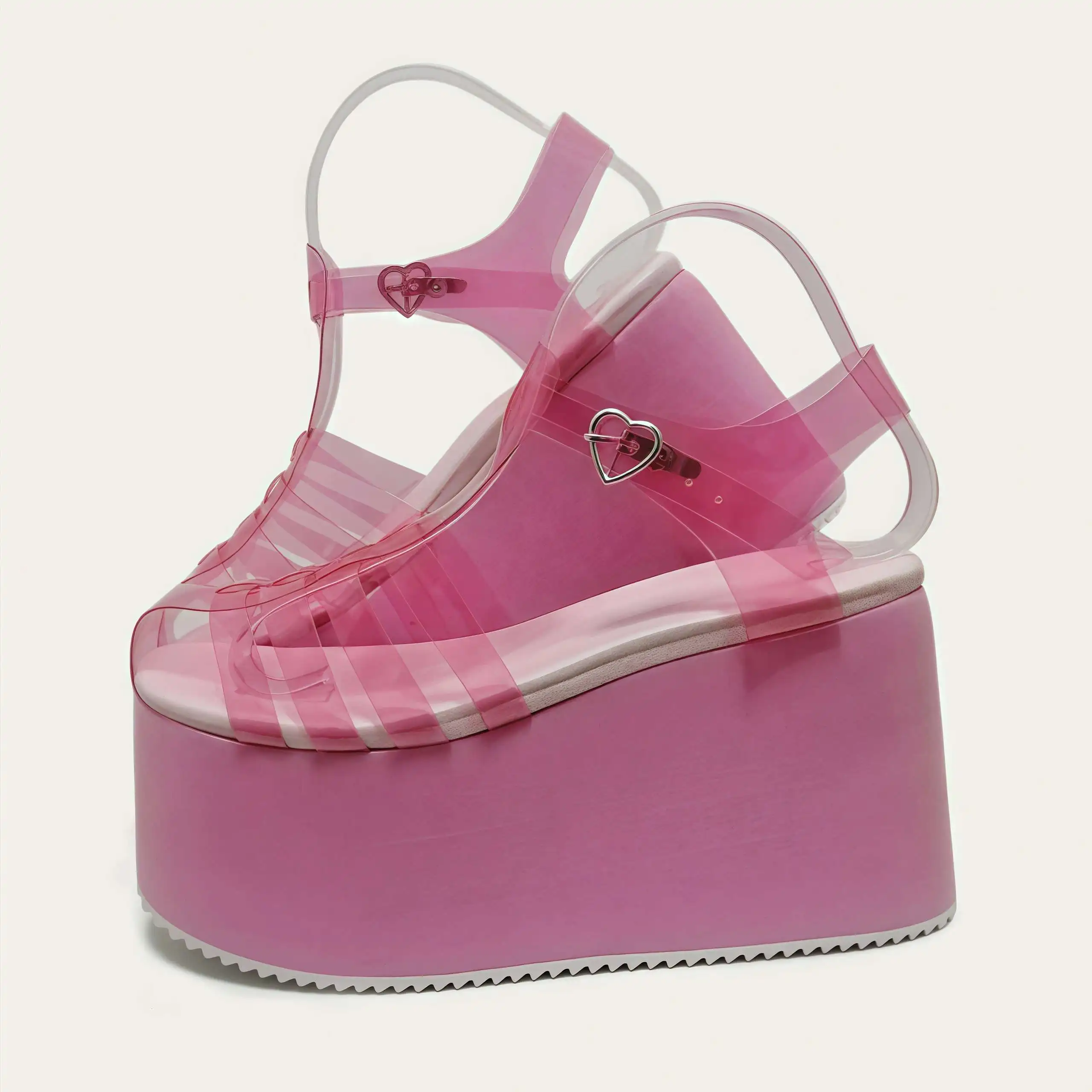 

Розовые прозрачные римские сандалии на толстой подошве и платформе из ПВХ на высоком каблуке, на плоской подошве с круглым носком, повседневная удобная женская обувь-мулы