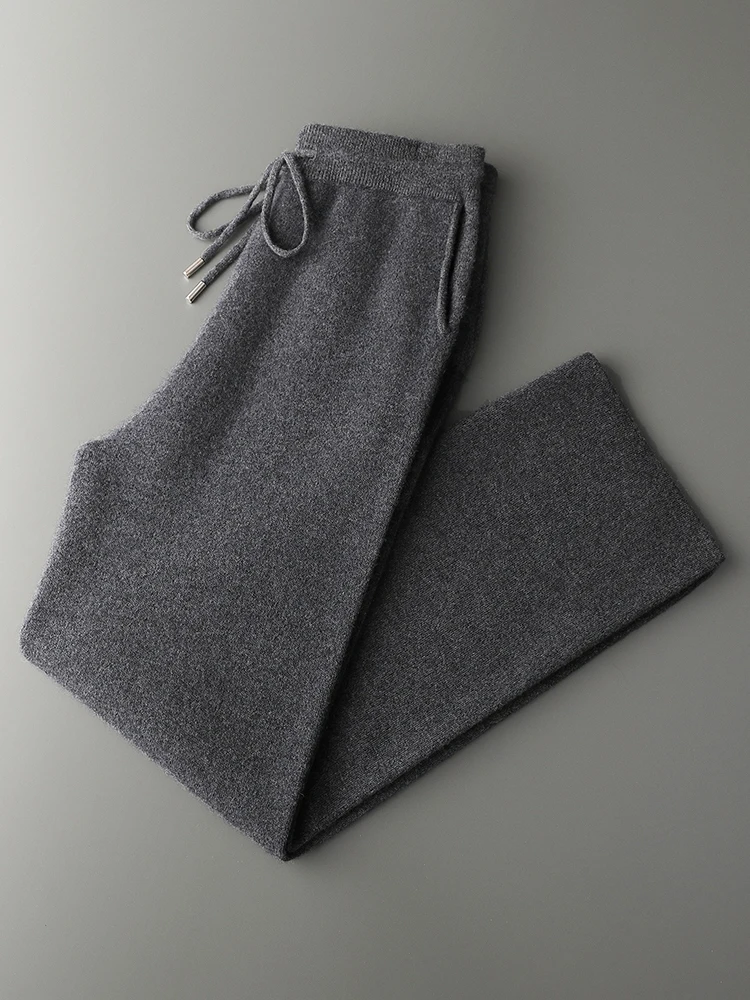Chic Men's Wide-Leg Pants Thick 100% Cashmere Light Soft Autumn Winter Fashion Lace-Up Basic Solid Casual Loose Bottoms