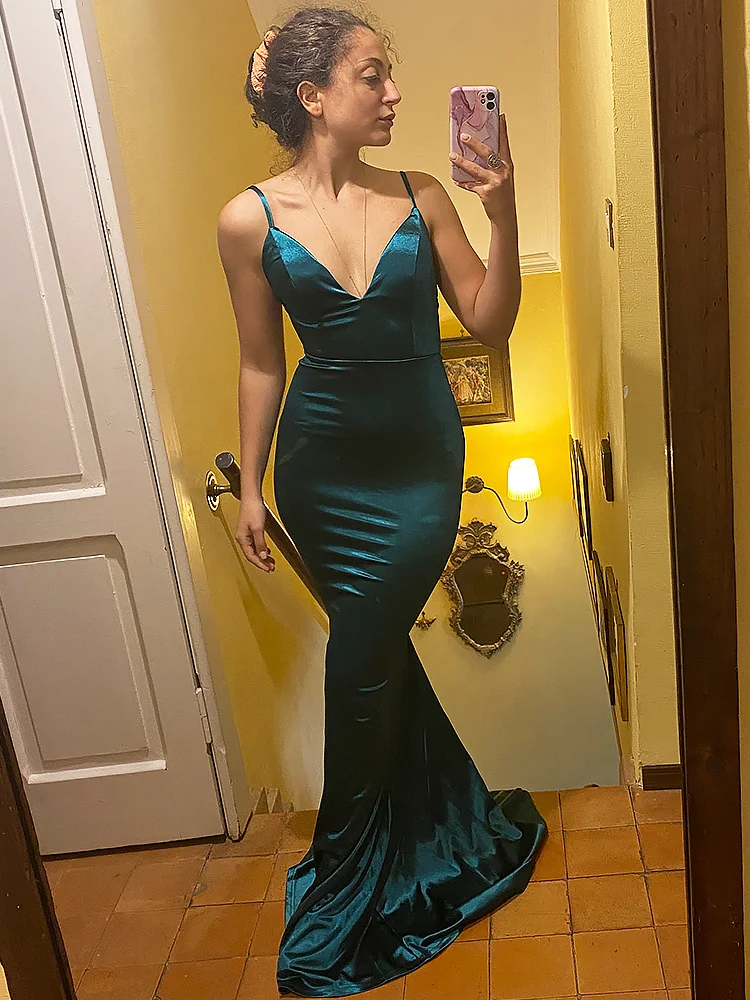 Women Deep V Neck Formal Evening Party Gown Sexy Backless Padded Slip Stretchy Satin Mermaid Floor Length Prom Dress Summer 2024