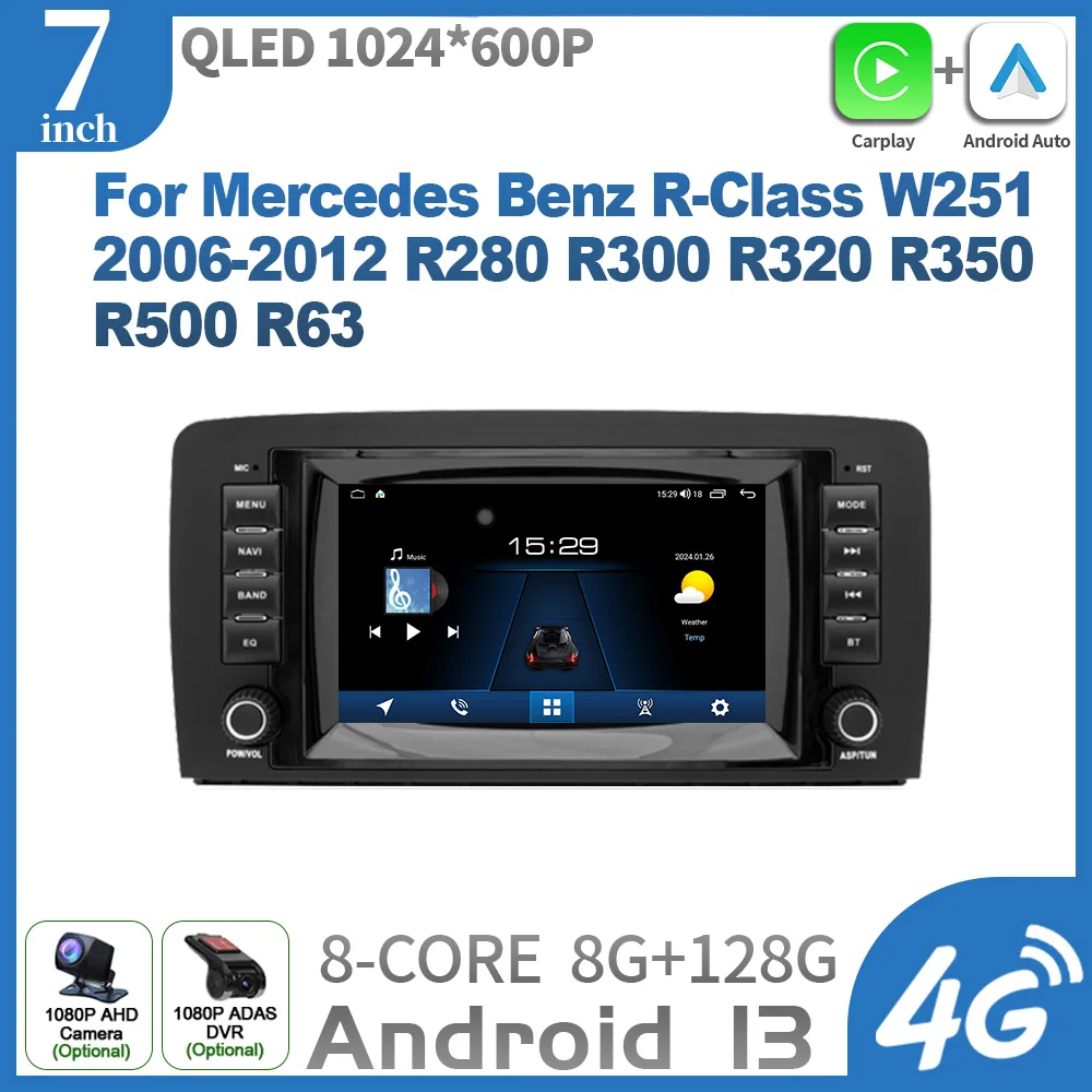 7inch Wireless Carplay Car Radio For Mercedes Benz R-Class W251 2006-2012 R280 R300 R320 R350 R500 R63 WIFI Stereo Touch Screen