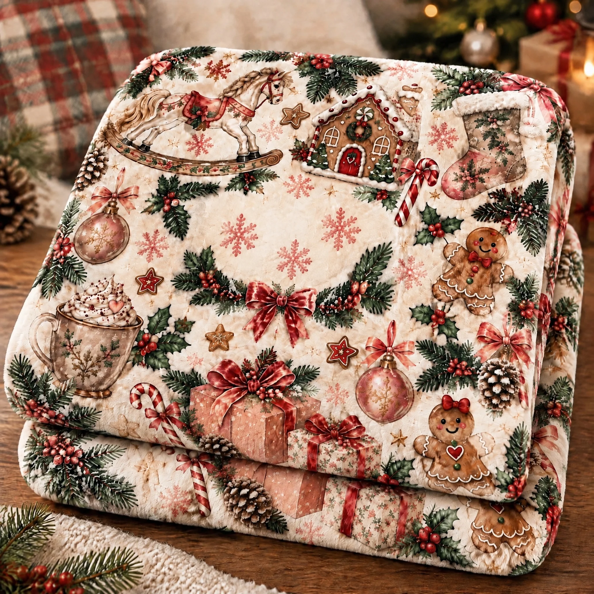 Personalized Christmas Throw Blanket, Custom Name Winter Blanket with Bow & Candy Cane Prints, Cream Tone Holiday Home Decor, Unique Warm Gift for Family Friends