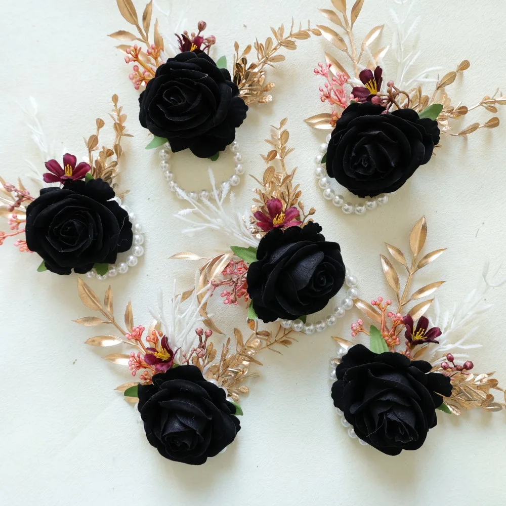 صدرية المعصم السوداء وزهرة العروة على المعصم للعروس وصيفة العروس الزفاف العروة للرجال العريس وصيف الزفاف #4