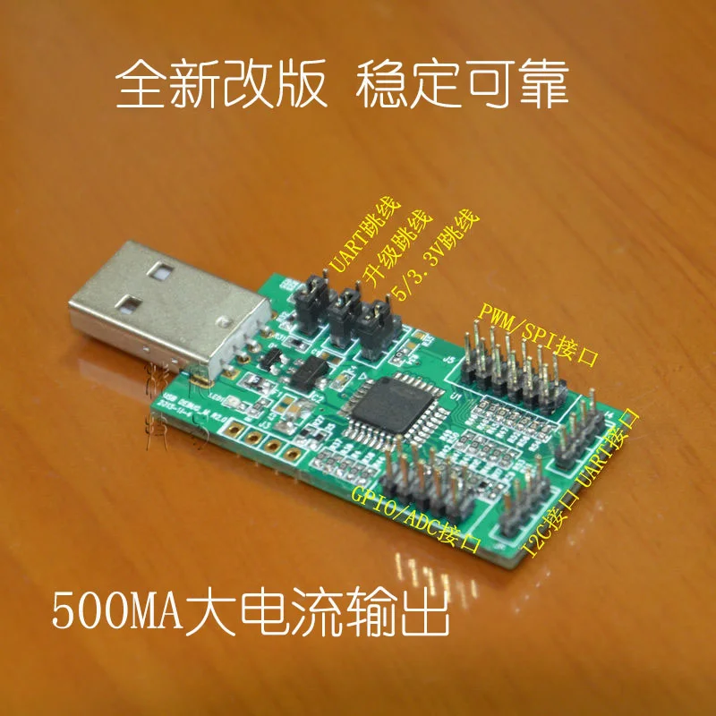 USB a UART, I2C, SPI (con ADC de 4 canales, PWM de 4 canales, 8 IO digital y software de prueba nRF2401)