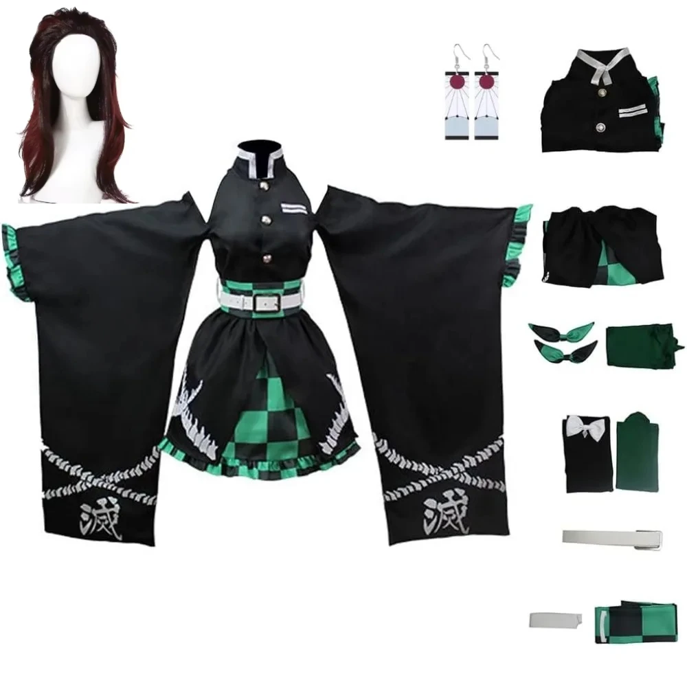 

Tanjiro Kamadou Female Dress Anime Demon Kimetsu Yaiba Tanjiro Kamadou Cosplay Costume wig Outfits Kimono Dress Halloween