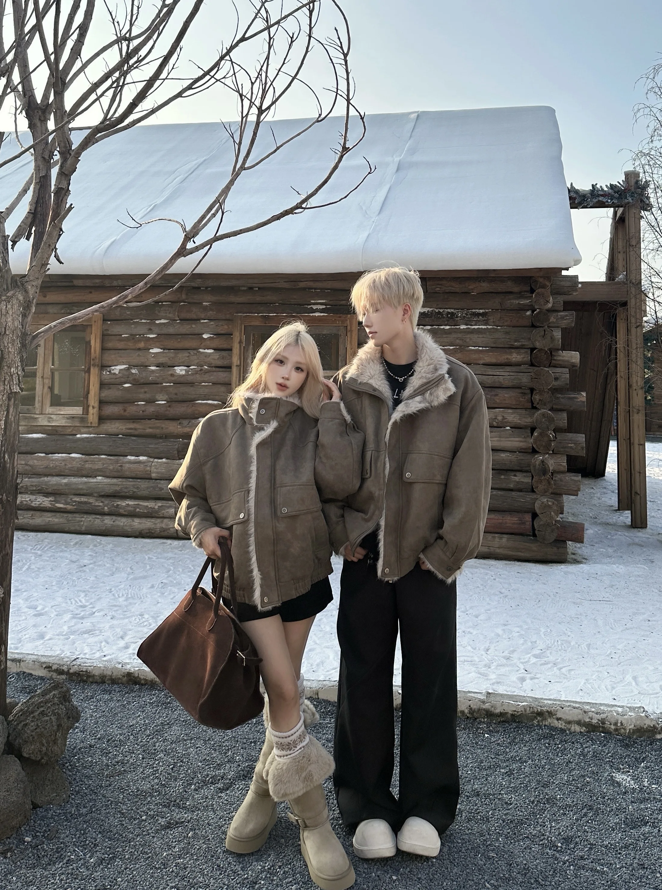 

Thiened American Sle Suede Collar Jaet Couple Matching Winter Cotton Coat Mountain Eagle Pattern Youth Casual Outerwear
